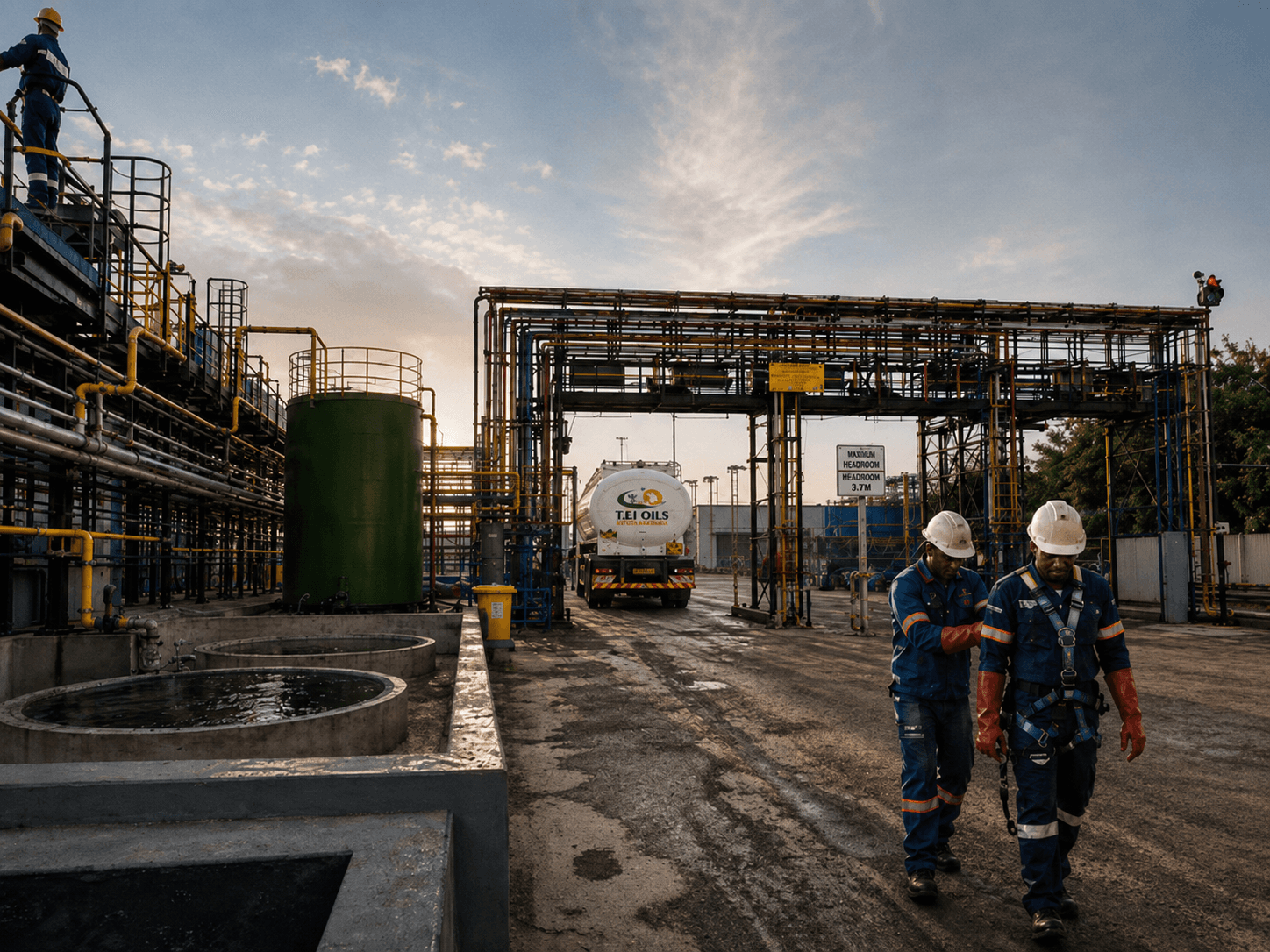 Industrial fuel storage yard at golden hour