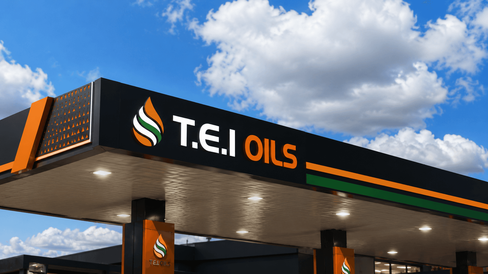 T.E.I Oils fuel station canopy under blue skies