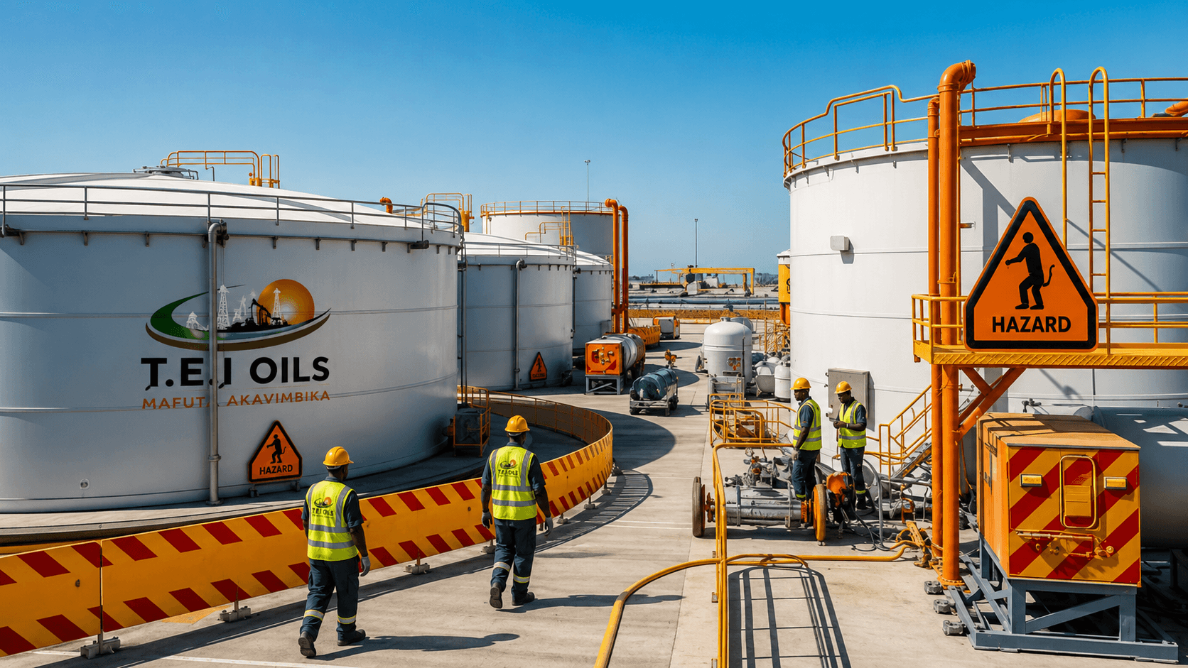 T.E.I Oils storage tank farm with staff walking the site near a hazard warning sign